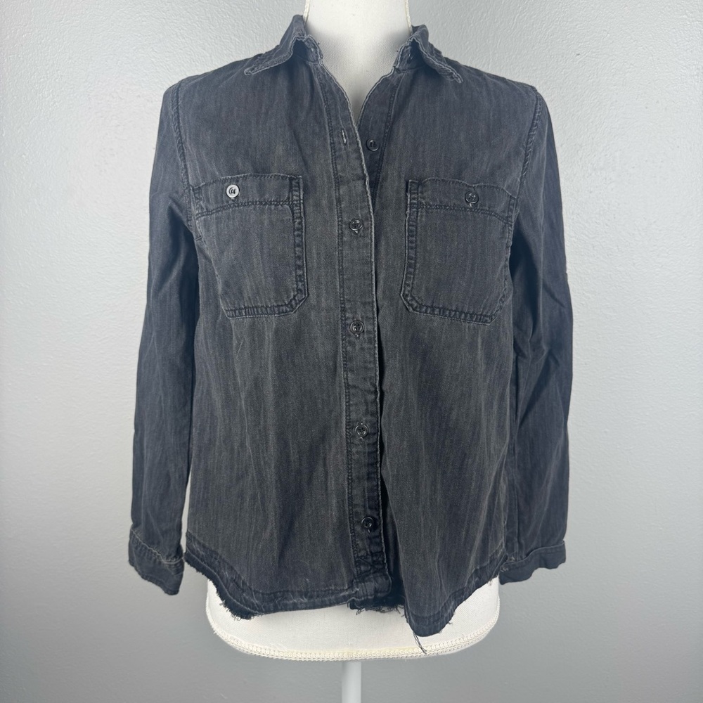 BLANKNYC Women’s XS Shirt Black Button Down Long Sleeve Fringe Hem Distressed